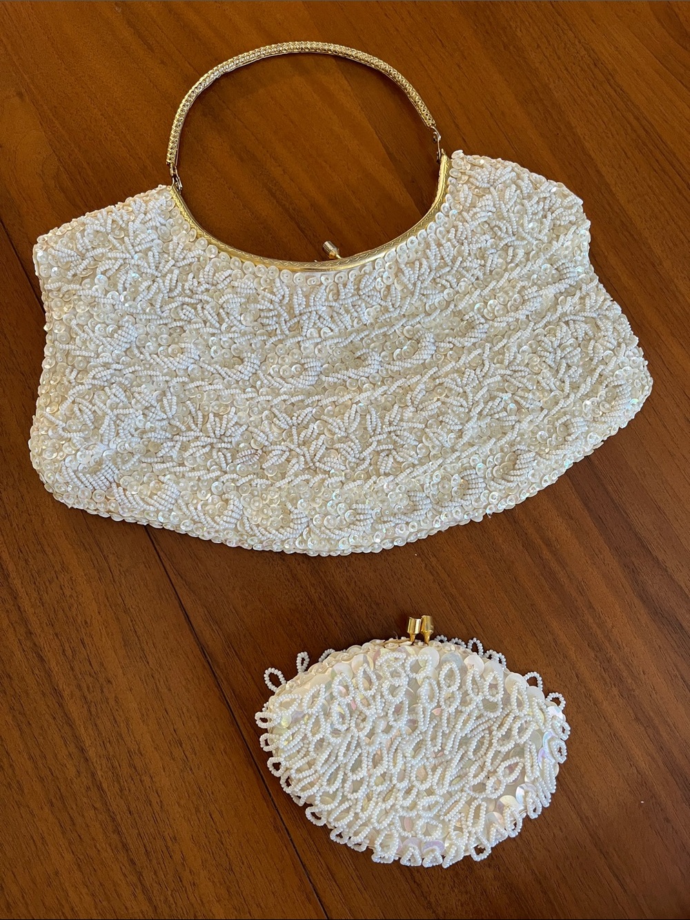Vintage 1950’s  Beaded Evening Clutch/ wristlet  plus coin purse ivory sequins